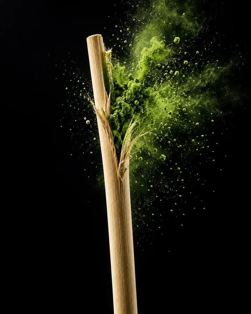 Micronized green powder flowing from a straw